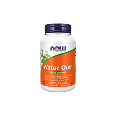 A bottle of Now Foods Water Out 100 Veg Capsules, an herbal supplement for urinary tract health, is shown against a plain white background.